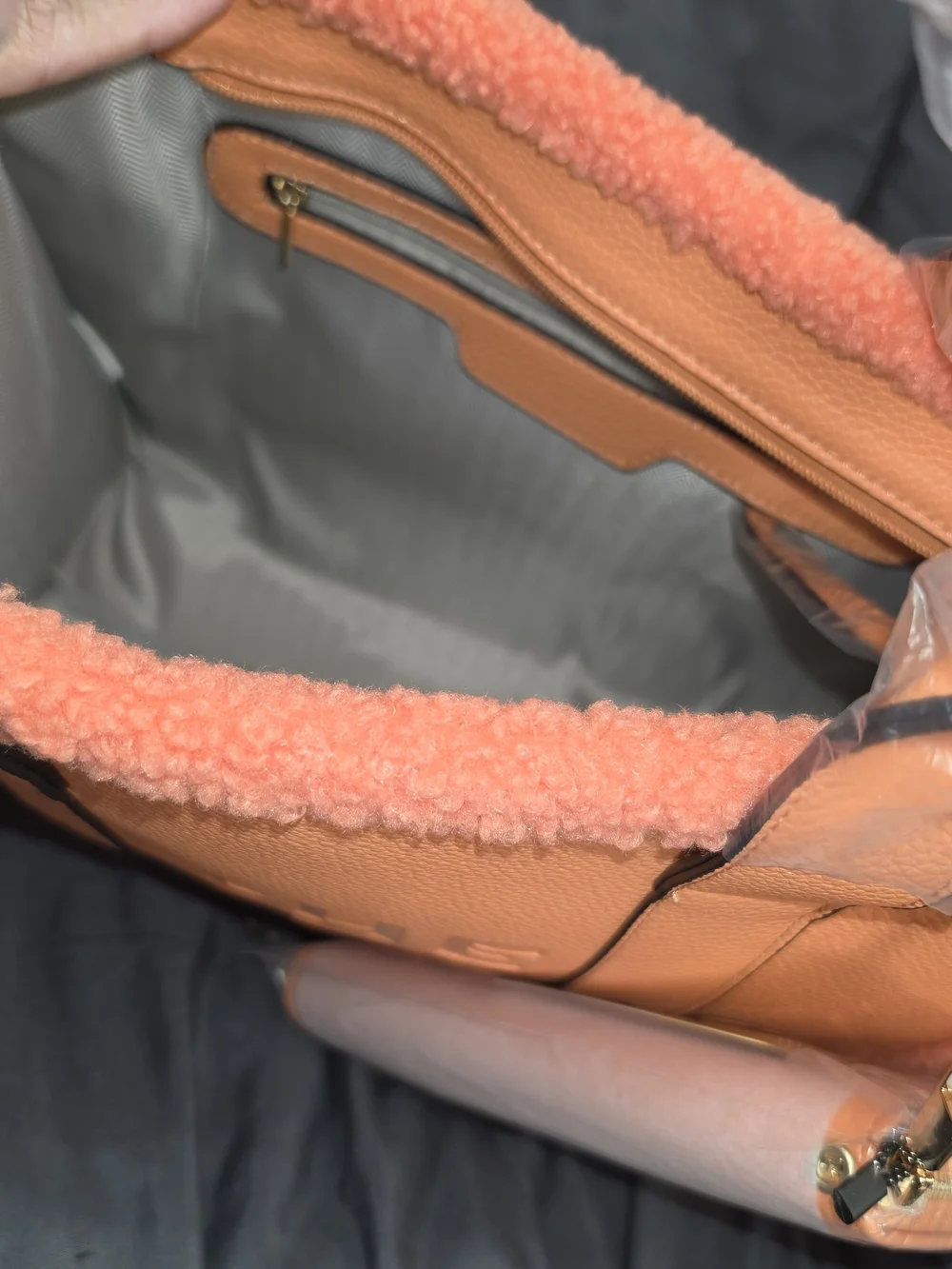 Orange Shearling Trim "The Tote Bag" with Detachable Wallet - Picture 7 of 11